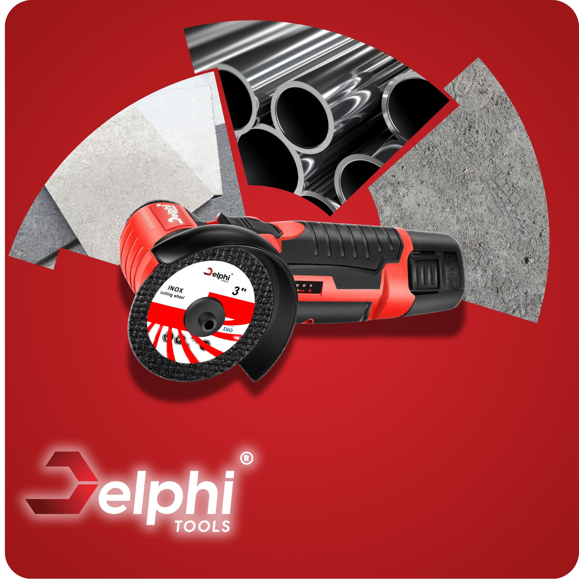 DELPHI Mini Akku-Winkelschleifer 75mm 12V 2 Akkus Bürstenloser Motor 7x Trennscheiben mit Transportkoffe