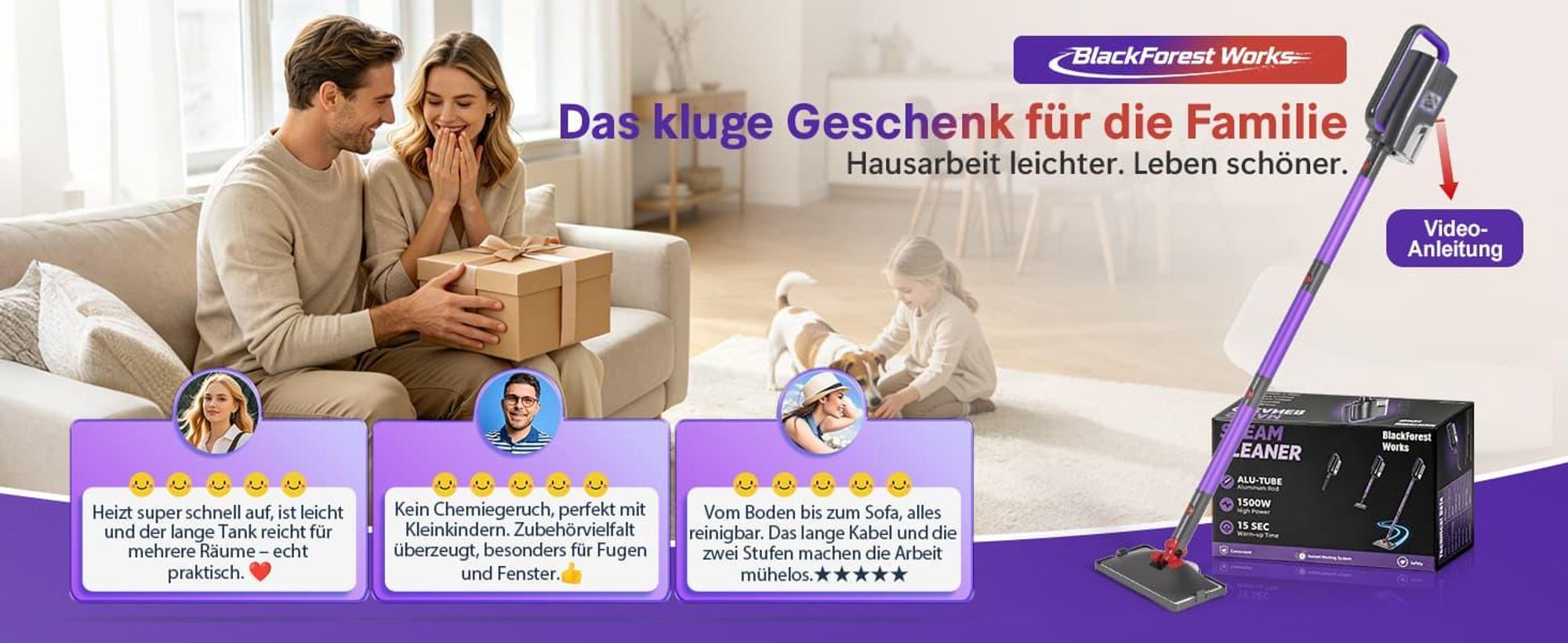 Dampfreiniger, 1500W handdampfreiniger & Dampfbesen, 15s Aufheizzeit, 4bar Dampfreiniger & Dampfdruck, Drehkopf, für Boden, Sofa, Küche, Bad & Fenster