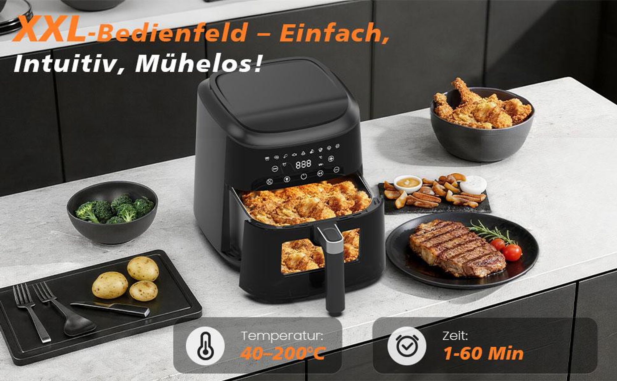 Heißluftfritteuse, 1650W Friteuse ohne Öl mit Metall-Innenraum, 6 L mit beleuchtetem Sichtfenster, 9 Kochvoreinstellungen, spülmaschinenfest