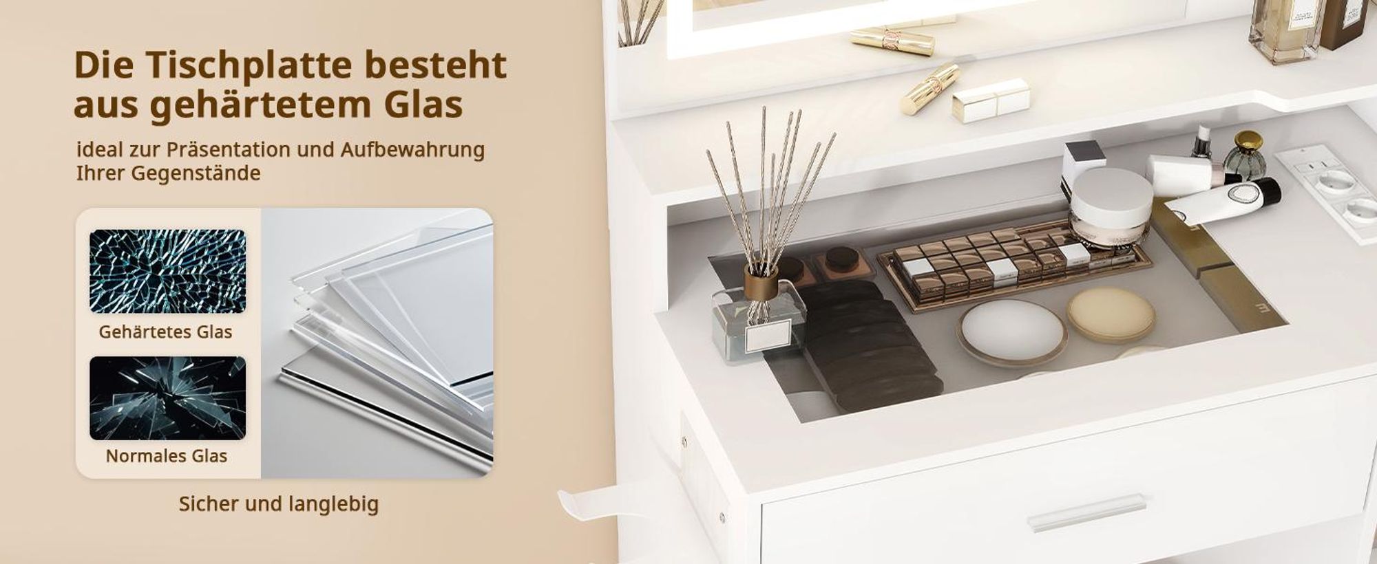 Puluomis Schminktisch mit dimmbarer LED Beleuchtung, Frisiertisch mit Schublade, Föhnhalter, USB & Steckdosen, Glasplatte, Hocker mit Lagerung weiß