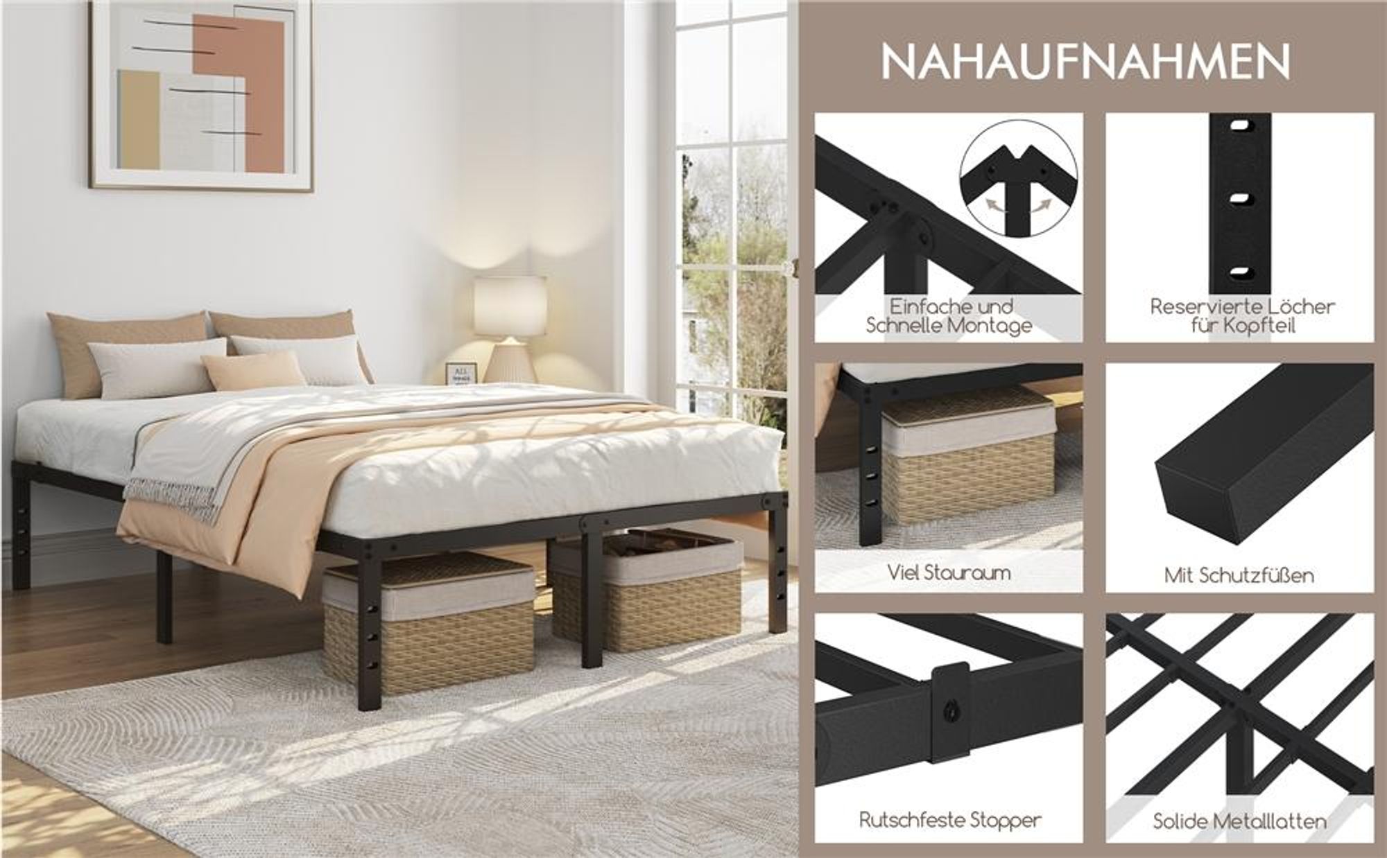 Yaheetech Bettrahmen 36cm H Metallbett mit Lattenrost, Bettgestell aus Metall, Modern Doppelbett Einzelbett Leichte Montage, 140 x 200 cm, Schwarz