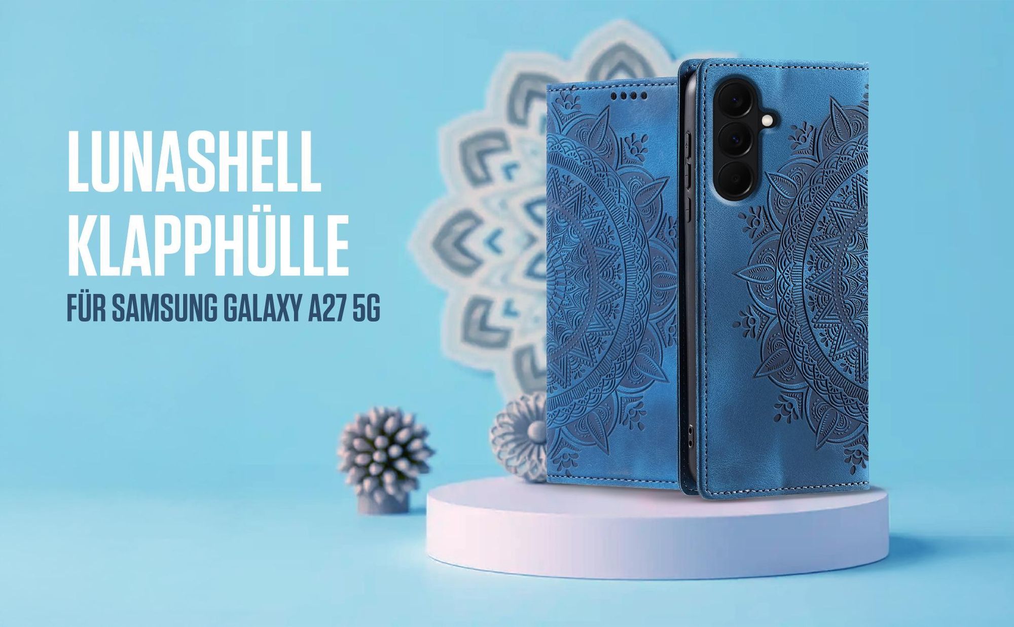 Blaue Klapphülle für Samsung Galaxy A27 5G mit feiner Mandala Prägung