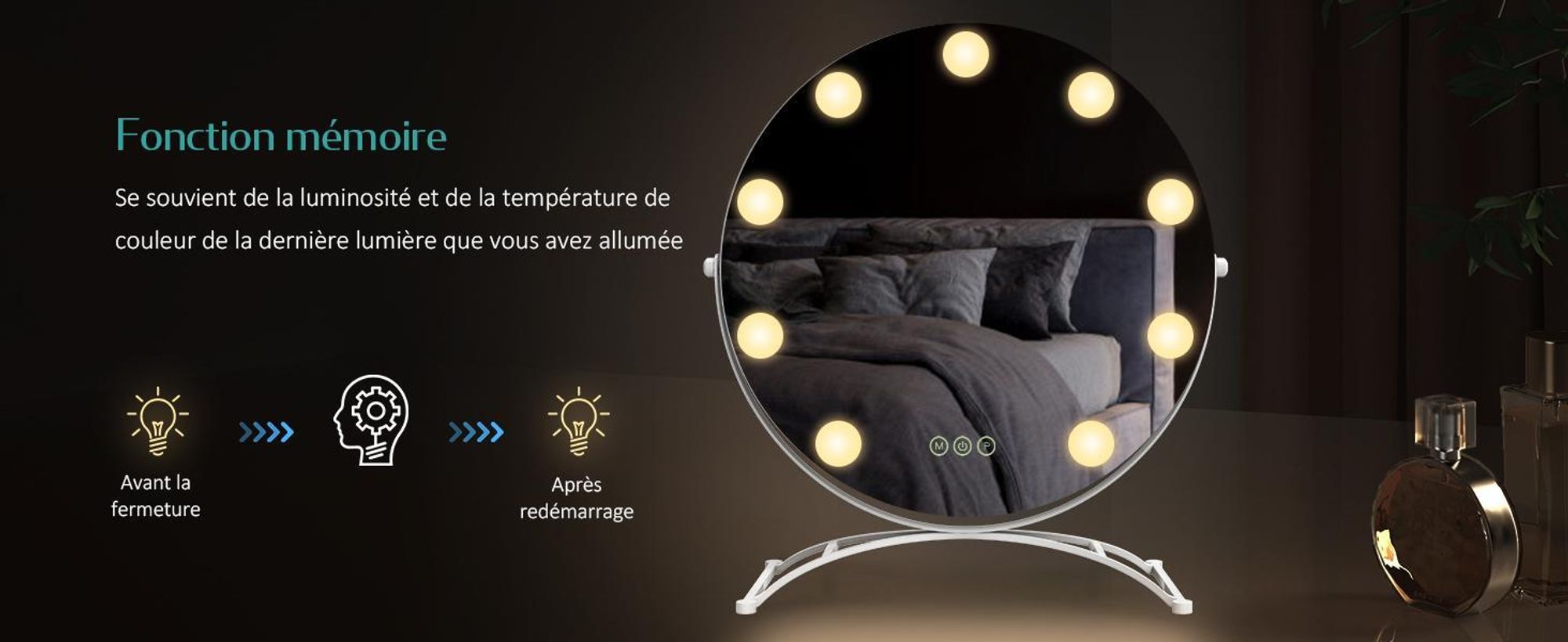 Miroir cosmétique EMKE Hollywood 58 x 50 cm Miroir de maquillage rond avec éclairage LED et grossissement 7x, 3 couleurs de lumière réglables, blanc