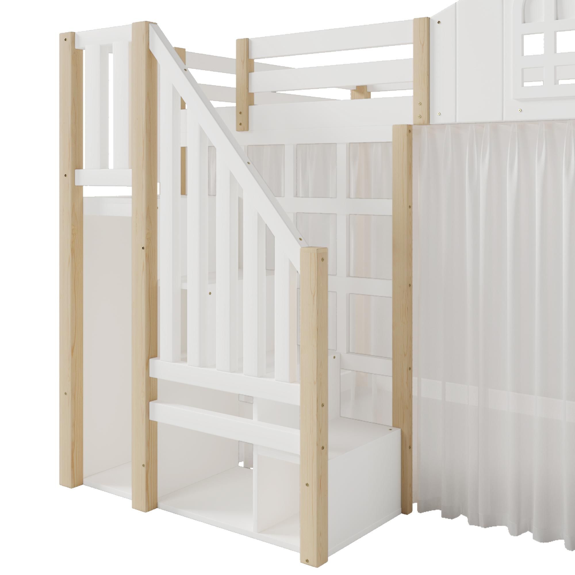 Flieks Etagenbett 140x200cm mit Led, Kinderbett Hausbett mit Bettvorhang, Hochbett Doppelbett mit Lattenrost und Rausfallschutz, Naturbelassen
