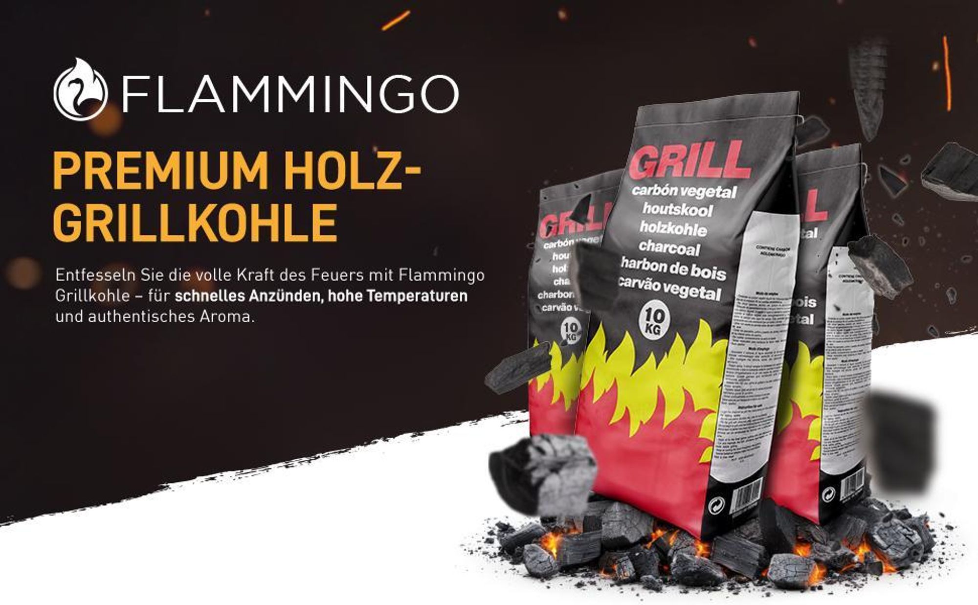 Flammingo® Grillkohle 30kg – Hartholz-Holzkohle – 100% Naturkohle – extra große Körnung – langanhaltende Glut – BBQ Grill Smoker