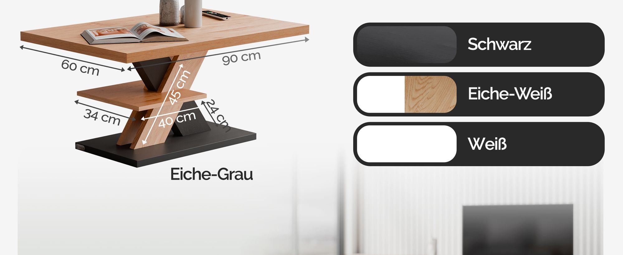 CASARIA® Couchtisch Grau Holz Stauraum Ablage Kratzfest Modern Rechteckig 50kg Belastbar Beistelltisch Wohnzimmer Couch Sofa Tisch Detroit 90x60cm