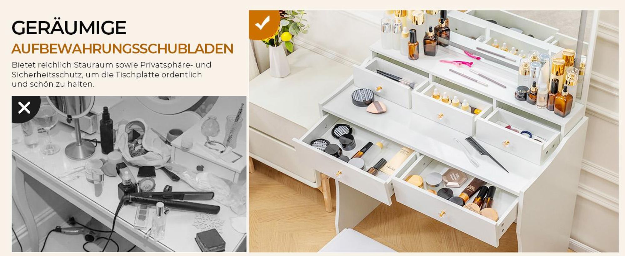 Schminktisch mit Spiegel und LED, 5 Schubladen, 80 x 40 x 135 cm mit Hocker Steckdosen+verstellbaren LED-Beleuchtung, weiß