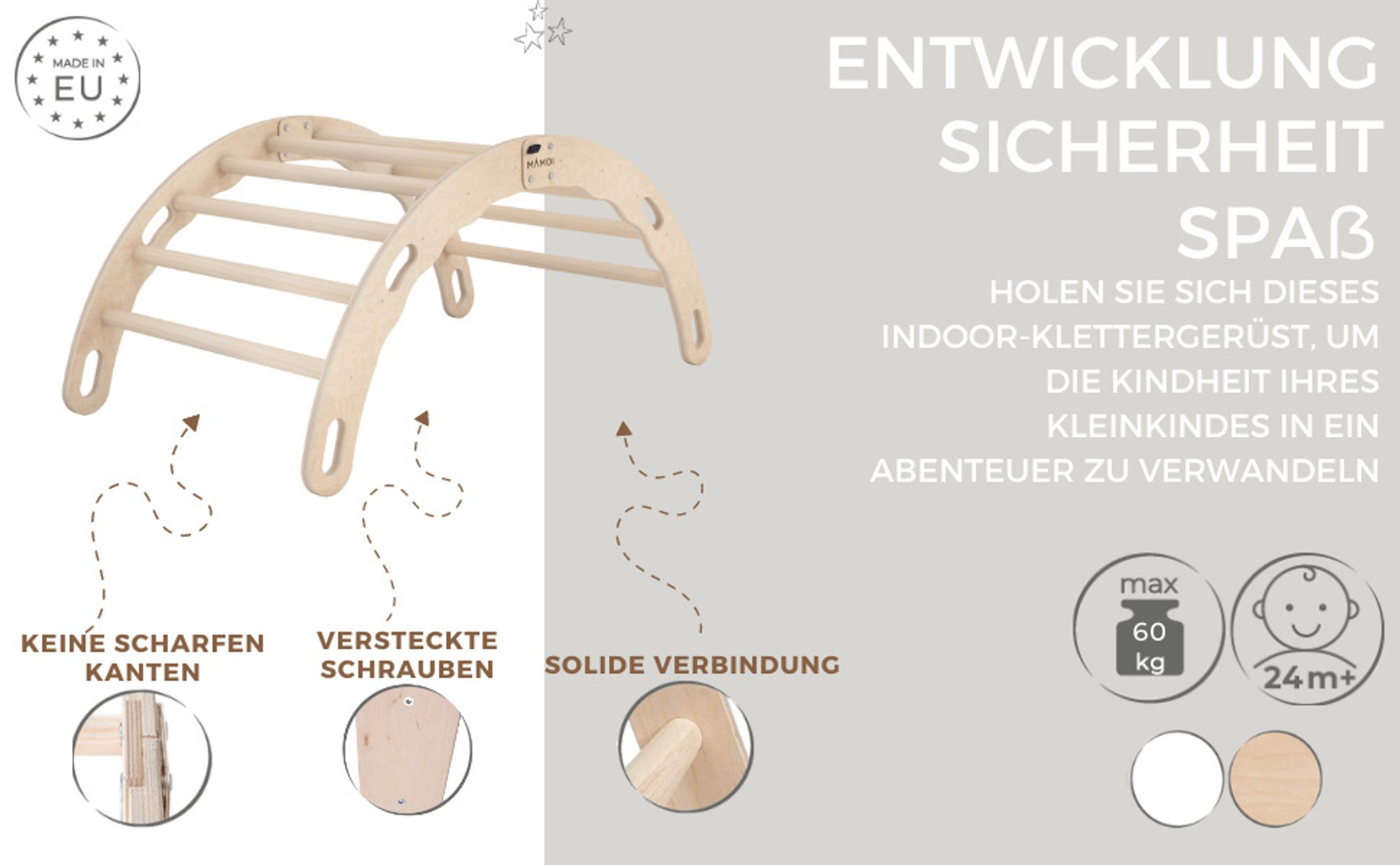 MAMOI® Kletterbogen, Kletterdreieck, Baby klettern, Regenbogenwippe aus holz, Holzbogen für Kinder, Spielplatz, Klettergerüst indoor ab 1 jahr 2/3 jah