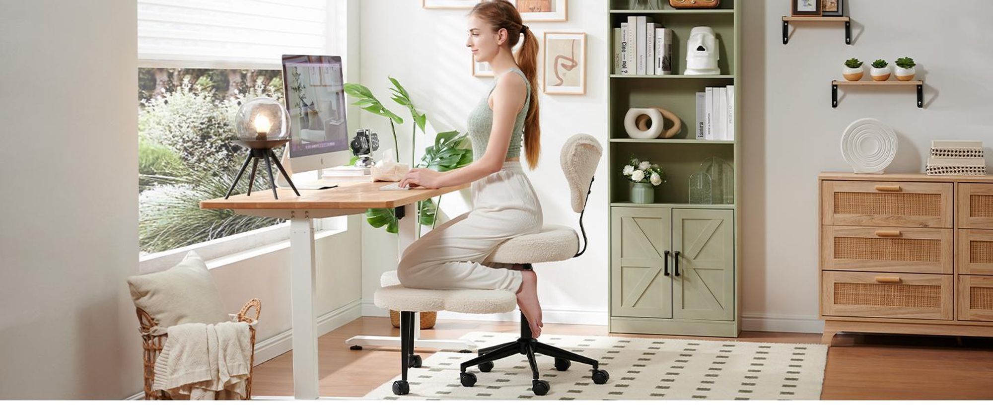 Bürostuhl Ergonomisch, Meditationsstuhl ergonomisch mit Rädern & Lordosenstütze, ADHS-Stuhl, Schreibtischstuhl Computerstuhl Chefsessel, Rosa