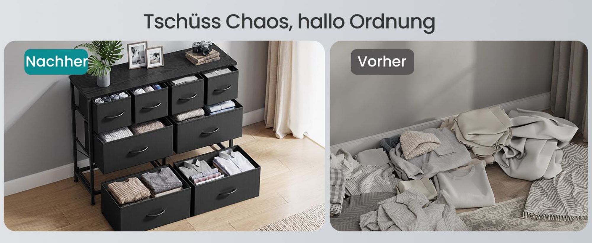 SONGMICS Kommode mit 8 Stoffschubladen, Aufbewahrungsschrank mit Metallrahmen, 98,7 x 30 x 74,7 cm, Schwarz