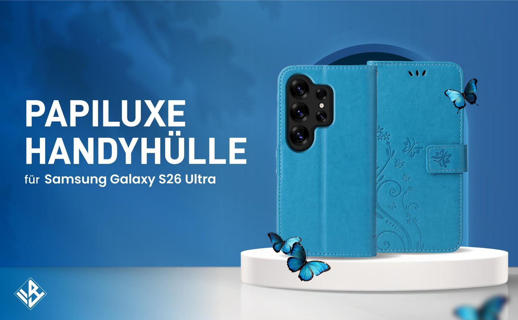 Blaue Klapphülle im Schmetterling Design für Samsung Galaxy S26 Ultra mit Wallet-Funktion