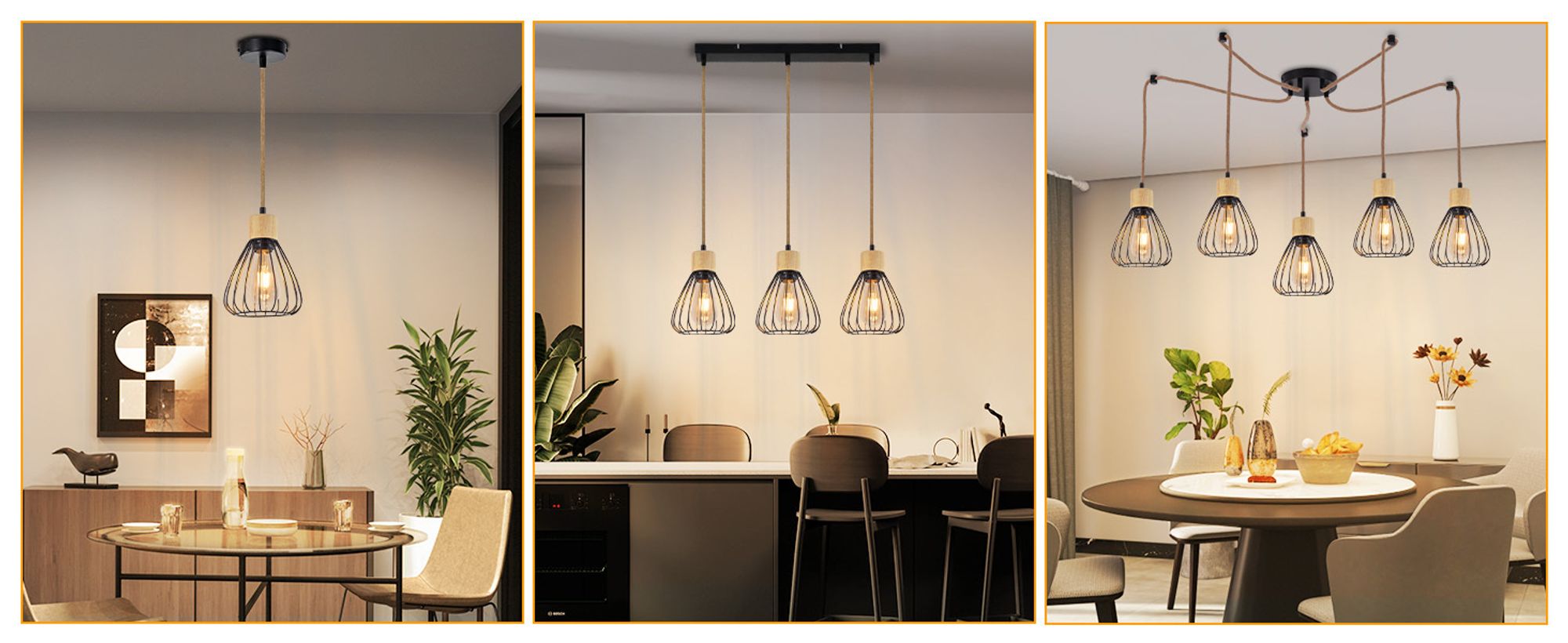 ZMH Hängelampe Vintage Pendelleuchte Esstisch Esstischlampe Schwarz Esszimmer 3 Flammig Hängeleuchte Metall Retro Hanfseil aus Holz Industrial E27 Pendellampe für Wohnzimmer ohne Leuchtmittel