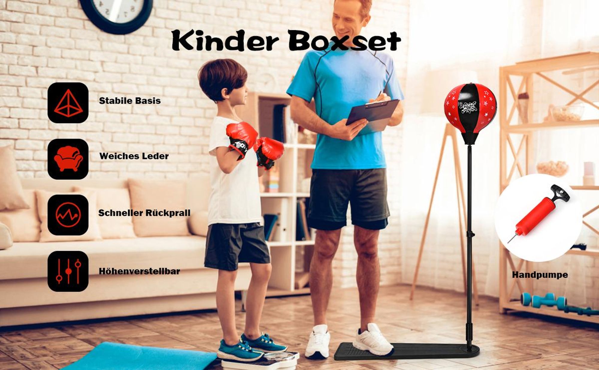 COSTWAY Punchingball 85-130cm hoehenverstellbar, Standboxball freistehend, Kinder Boxset, Boxsack Set, Box Set inkl. Boxhandschuhe und Handpumpe