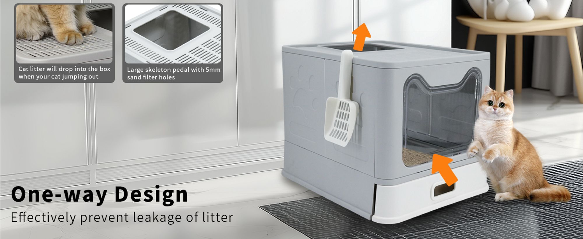 WISFOR Edelstahl Katzentoilette Katzenklo mit Deckel Schaufel, Faltbar Haubentoilette, 38,3 x 48,5 x 38,5 cm