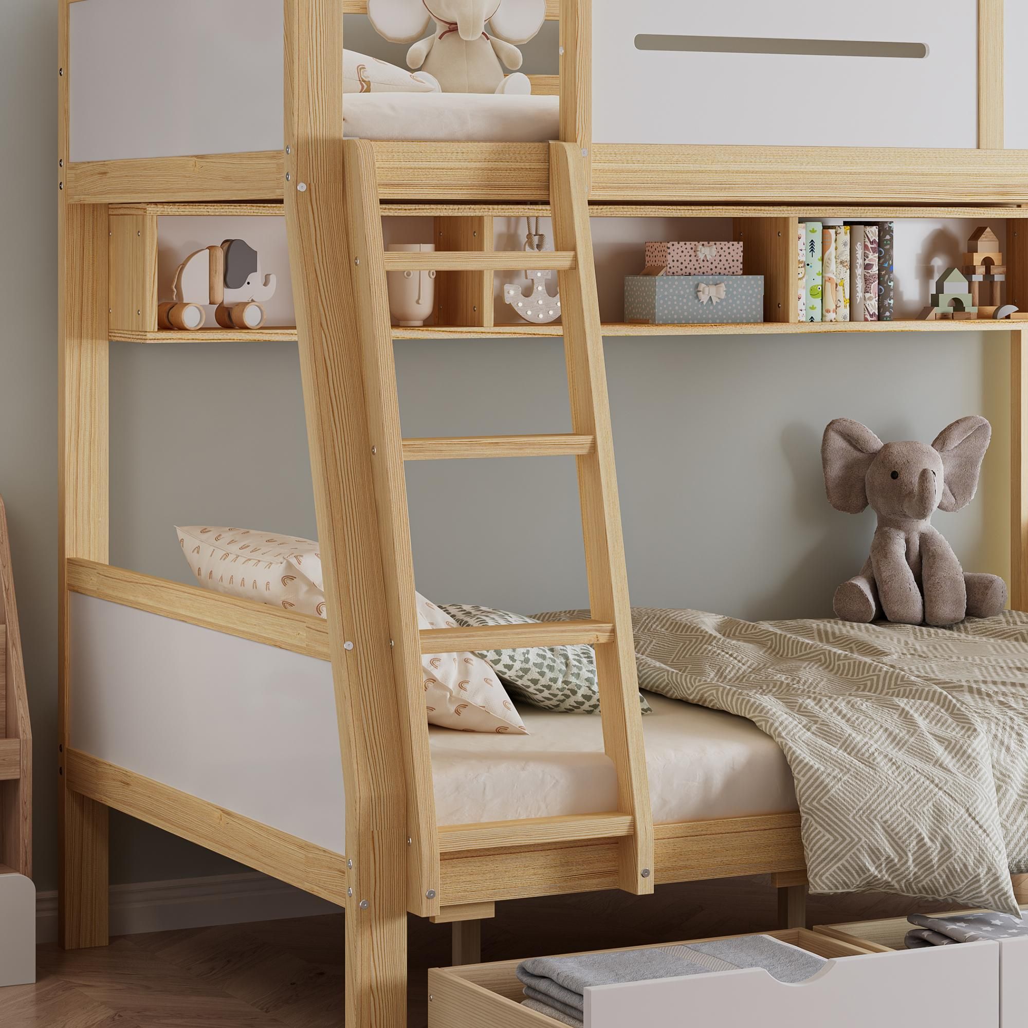 Flieks Etagenbett 90x200cm / 120x200cm, Hochbett Kinderbett mit Schubladen und Regal, Holzbett Stockbett mit Rausfallschutz, Naturbelassen