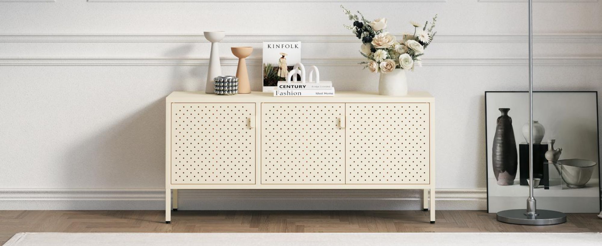 FLEXISPOT TV Schrank Metall – Sideboard mit Lüftungslöchern, 3 Türen & verstellbaren Füßen für Wohnzimmer, Büro, Schlafzimmer, 118x39x55 cm, Gelb