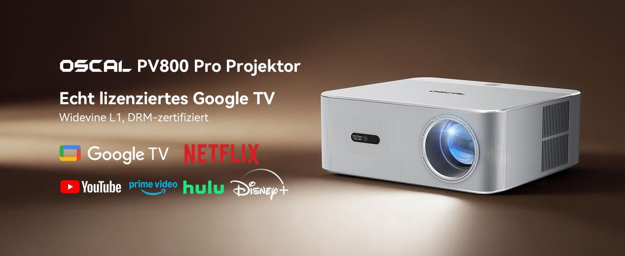Projecteur OSCAL PV800 PRO, 1 400 lumens ANSI, prise en charge 4K, Google TV, mise au point automatique, Wi-Fi 6, 200 pouces, silencieux (moins de 35 dB)