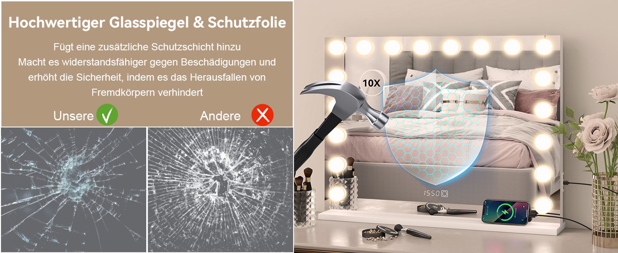 Puluomis Kosmetikspiegel 80x60 cm, Hollywood Spiegel mit Uhr, Temp., USB, Type C, Schminkspiegel dimmbar mit 3 Farben LED Beleuchtung, Wandspiegel