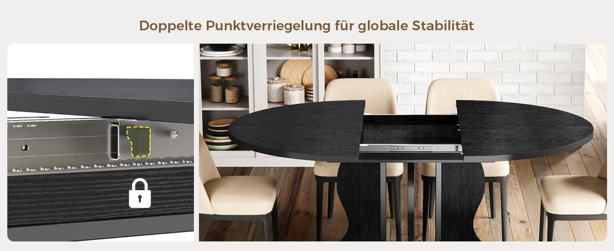 Mondeer Ausziehbarer runder Esstisch 110-150 cm oval mit massivem Holzgestell und intelligentem Auszugsystem für Küche & Wohnzimmer in Schwarz