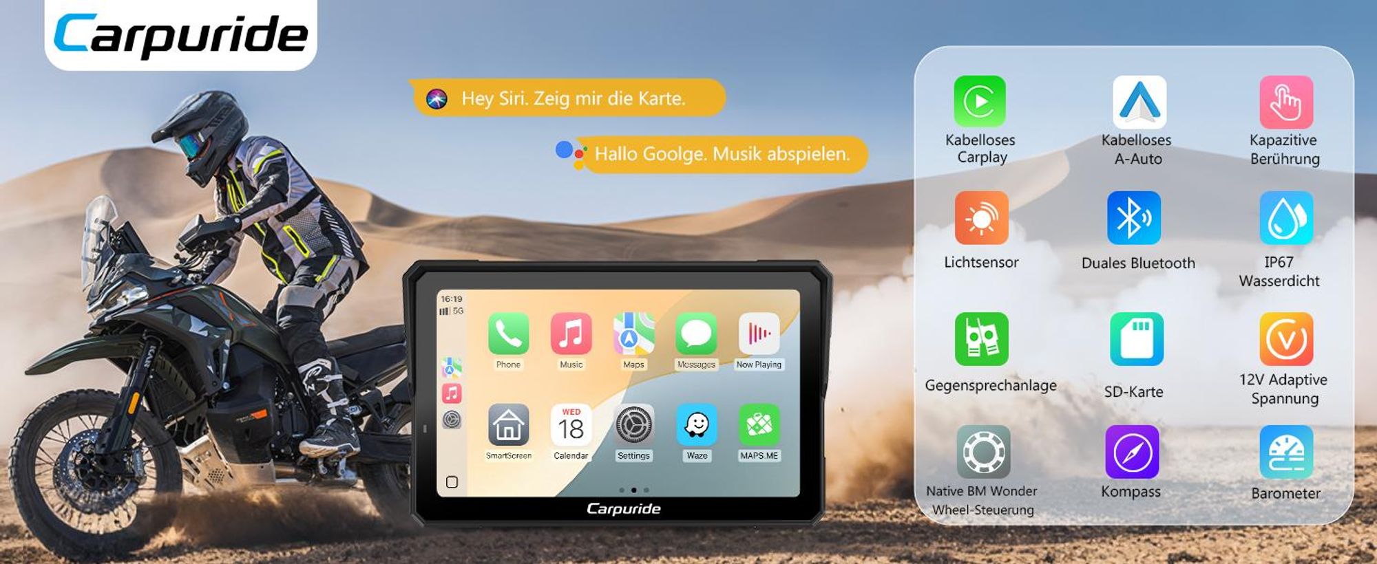 CARPURIDE 702BS für BM Motorräder, CarPlay & Android Auto, Original-Wonder-Wheel-Steuerung, Datenauslesung, Lichtsensor, Musikfreigabe & Intercom