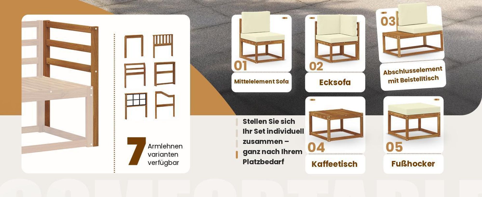 vidaXL Outdoor-Sofagarnitur mit Kissen 3 pcs Natur und Anthrazit