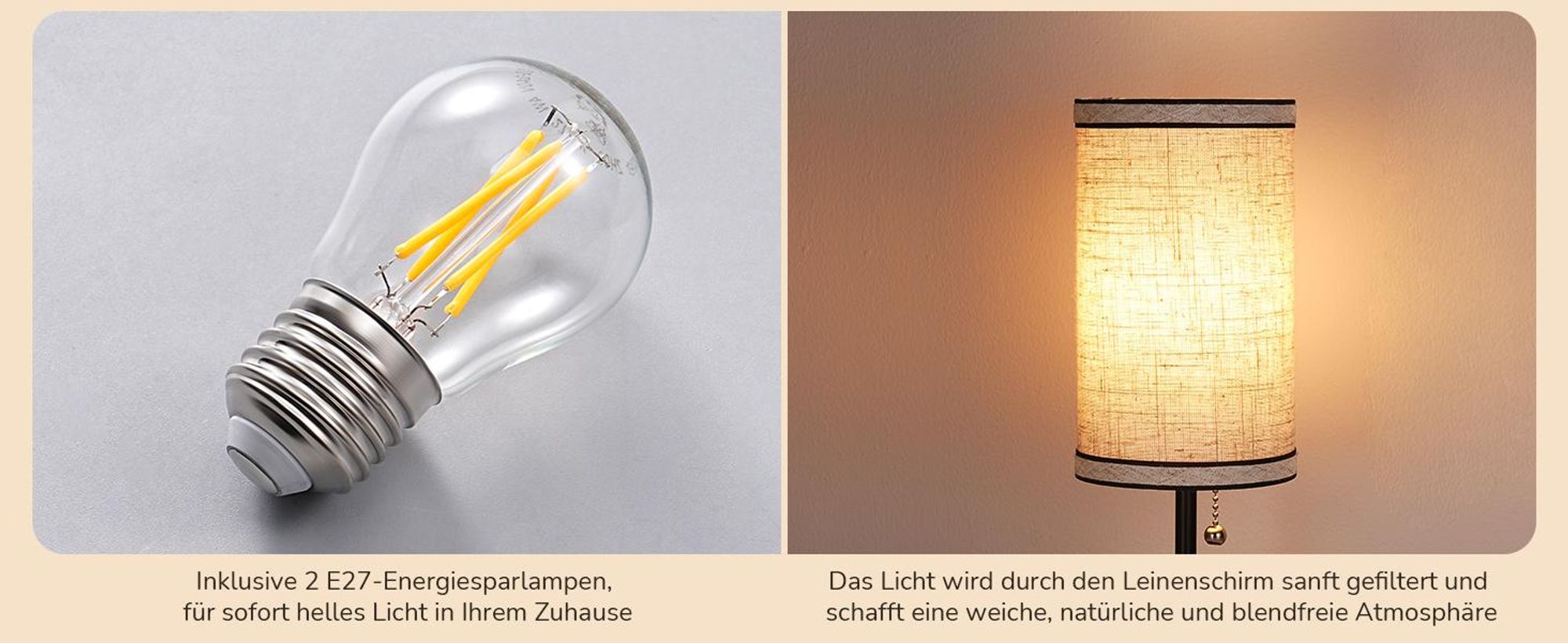 EDISHINE Nachttischlampen 2er-Set, mit USB-A- & USB-C-Anschlüssen, Modern  Zugschalter, inkl. 4W LED-Birnen E27, Tischlampe mit schwarzem Metallsockel
