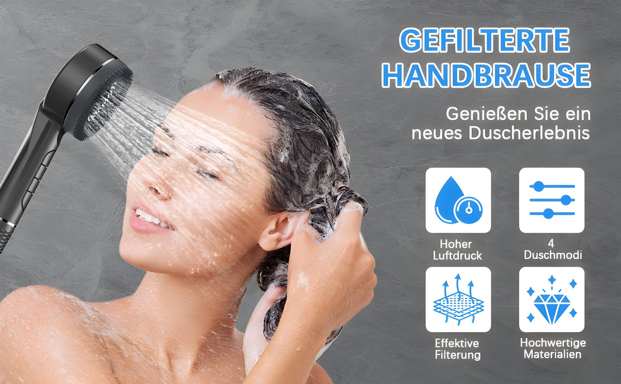Duschkopf Drucksverstärkung, Wassersparend Duschbrause mit 4 Strahlarten, Tasteinstellung, ABS Verstärkt, Inkl. 3 Filter, Wandhalterung und Schlauch