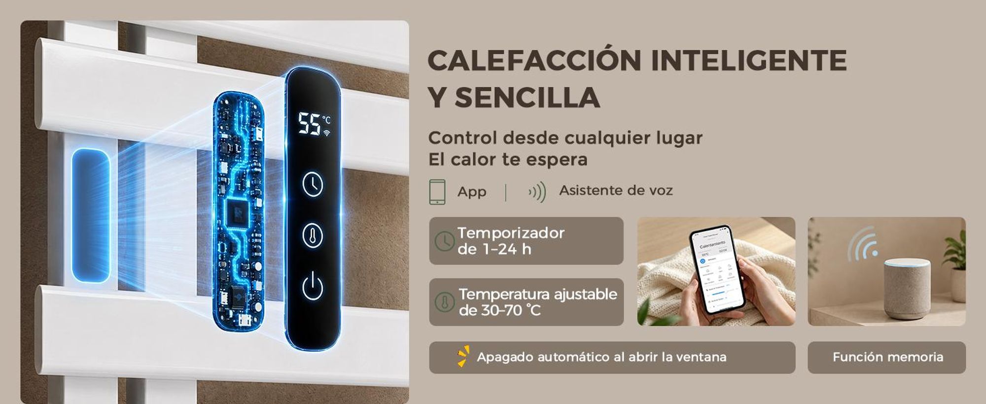 S'AFIELINA Toallero Eléctrico con Balda WiFi 1050×500 mm 335 W Blanco,Radiador Toallero con App, Calefacción de Fibra de Carbono, 6 Modos