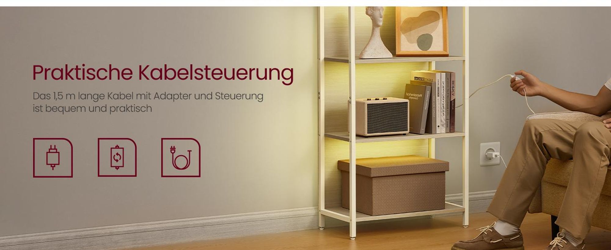 VASAGLE Bücherregal mit 6 Ebenen, Standregal mit einstellbarer LED-Beleuchtung, für Wohnzimmer