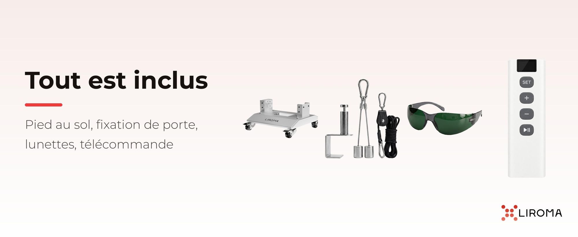 Contenu : pied au sol, fixation de porte, lunettes de protection et télécommande