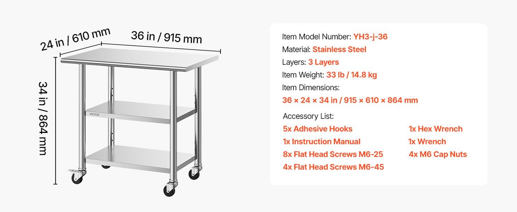 VEVOR Edelstahl Vorbereitungs Tisch, 24 x 24 x 34 Zoll, Schwerlast Metall Arbeitstisch mit 3 verstellbaren Höhenstufen, Gewerbliche Arbeitsstation für Küche Garage Restaurant Garten