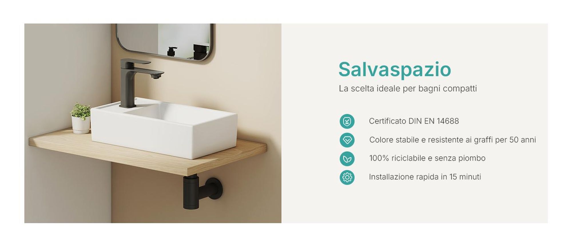 EMKE Lavabo da appoggio in ceramica rettangolare 410x220 mm bianco lucido con foro per rubinetto, design moderno per bagno e WC ospiti