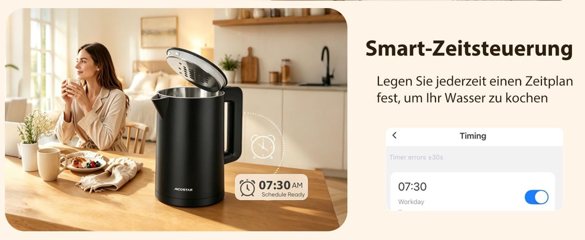 Aigostar Smart Glas-Wasserkocher 1,7L: WLAN & Alexa, 40°C-100°C Temperaturwahl, Innen 100% Edelstahl (Plastikfrei), Strix-Kontrolle, Schwarz
