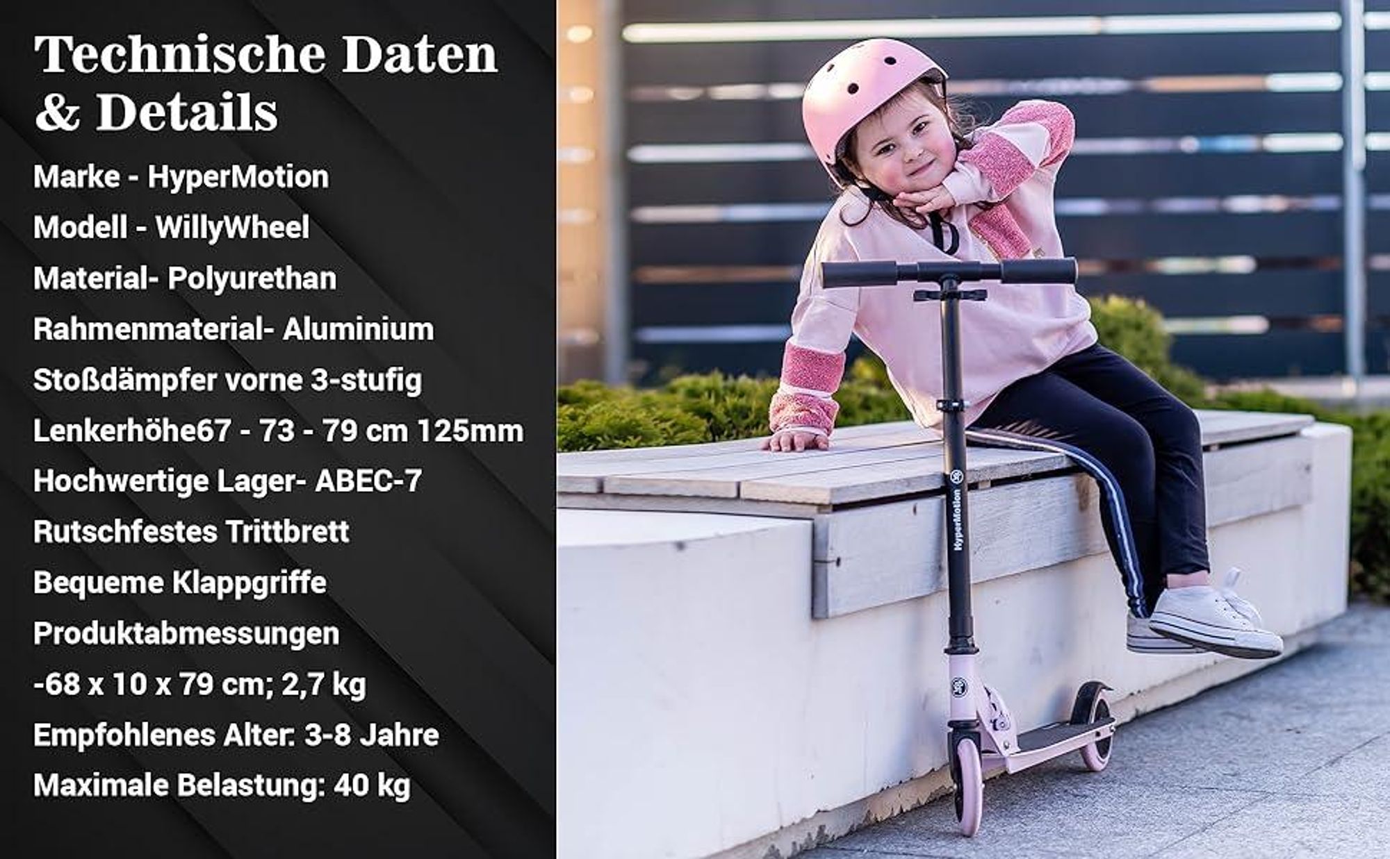 HyperMotion Kinder-Zweirad-Scooter – faltbar, höhenverstellbar, PolyurethanRäder, rosa