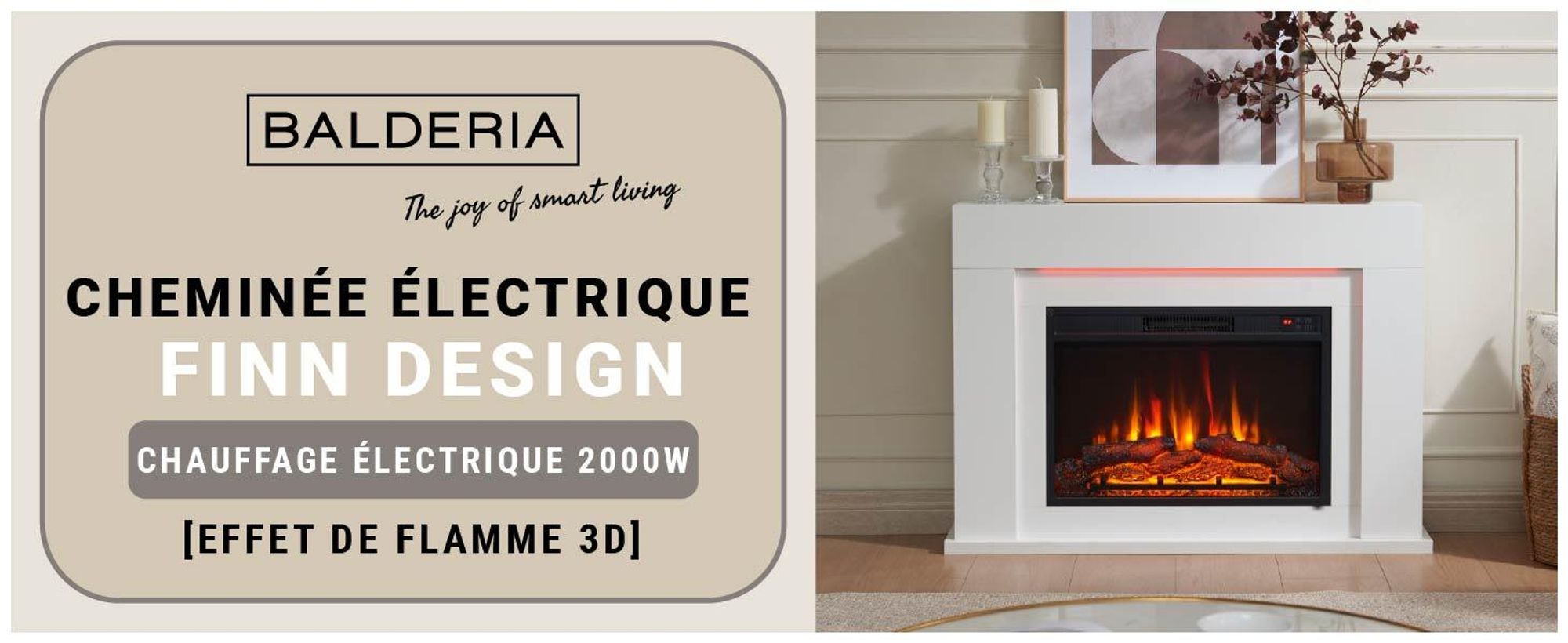Cheminée électrique sur pied BALDERIA Finn Design – Puissance de chauffage jusqu'à 2 000 W, blanche