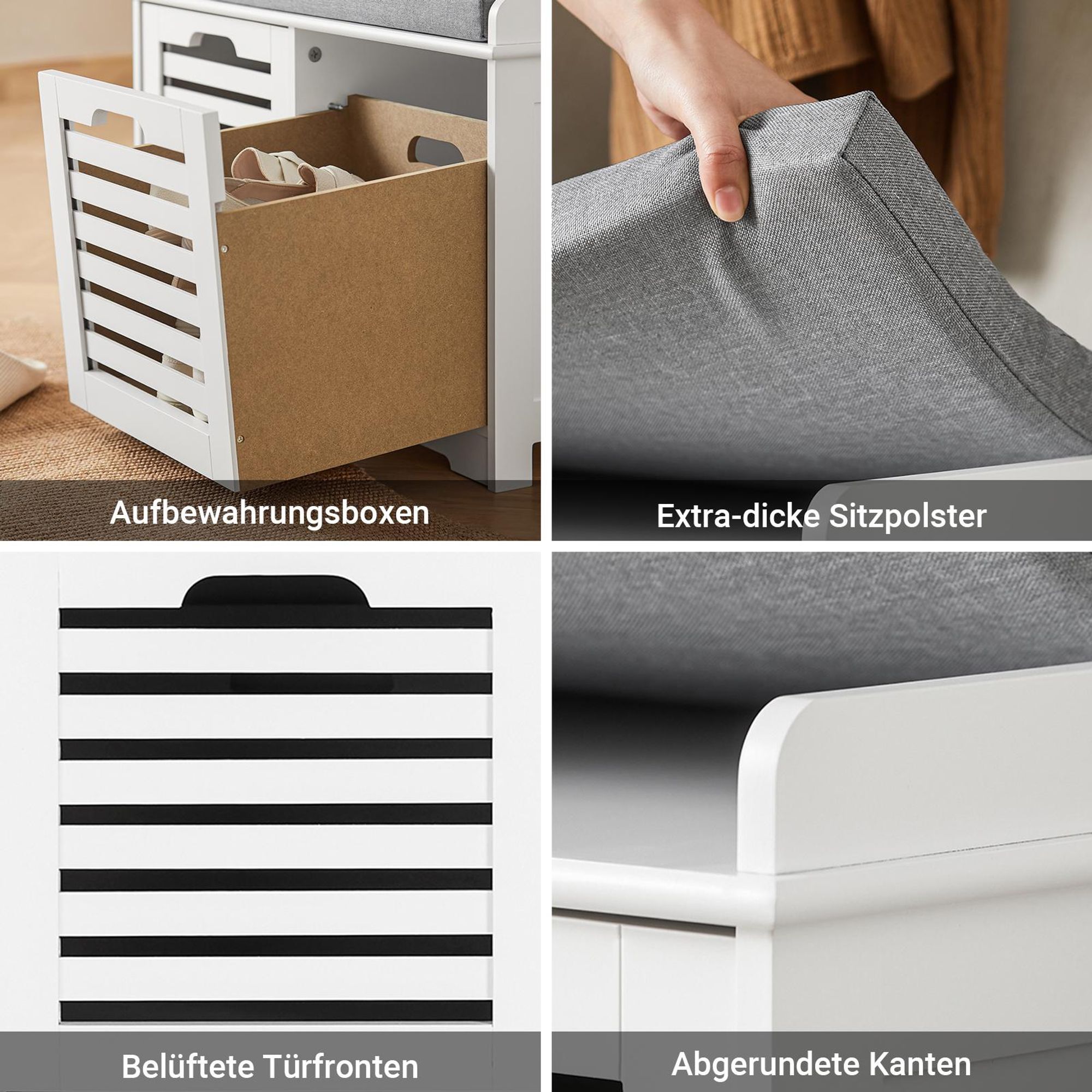 SoBuy Schuhbank mit Sitzkissen & 2 Körben Sitzbank für Flur mit Stauraum und herausnehmbaren Aufbewahrungskörben Schuhregal aus Bambus & MDF FSR23-K-W