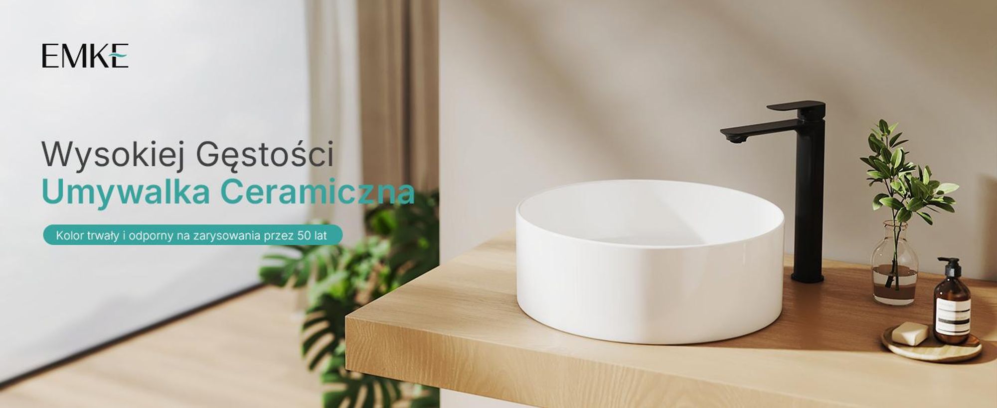 Umywalka nablatowa EMKE okrągła 352x352x112mm wykonana z ceramiki, szkliwiona na biało z połyskiem, bez otworu na baterię i przelewu, nowoczesny design do stylowych łazienek