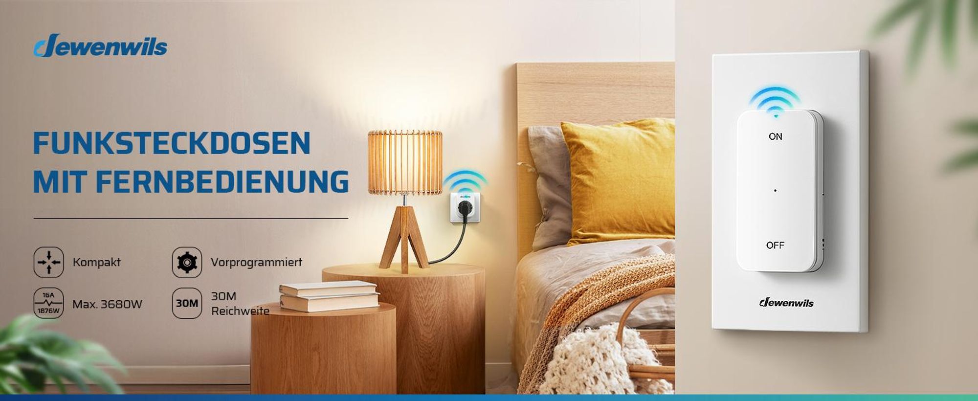 DEWENWILS Funksteckdosen mit Fernbedienung, Funk-Wandschalter Ein/Aus, 3680W, Weiß