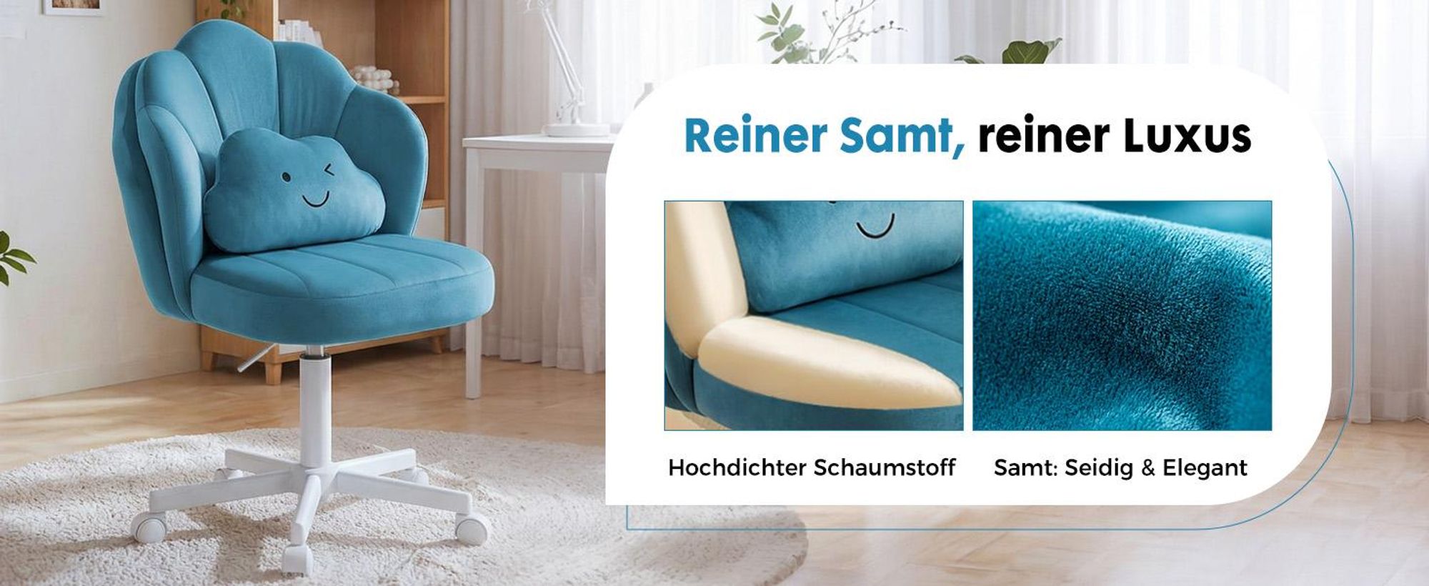 COMHOMA Schreibtischstuhl Schminkstuhl Bürostuhl mit Rollen Doppelter Rückenlehne und Wolkenkissen, Höhenverstellbarer Drehstuhl, Samt, Blau