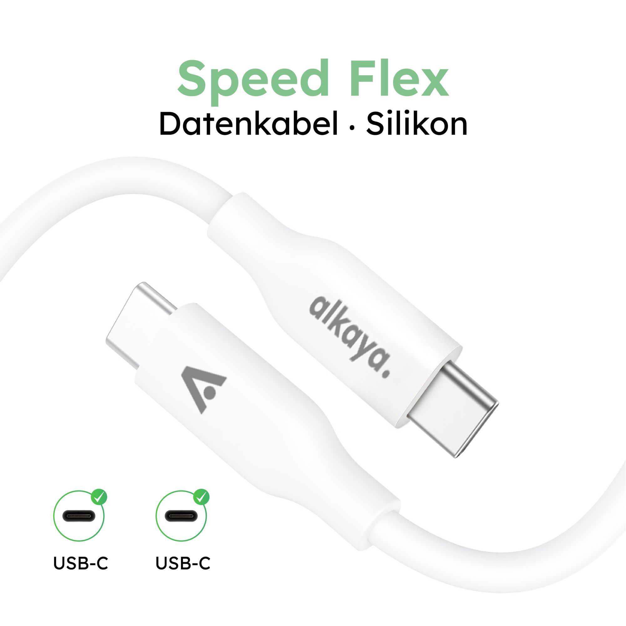 alkaya. Ladekabel USB-C, Datenkabel Silikon weiss, kompatibel mit Samsung, Xiaomi, Sony, Google, Huawei - 1m/65W