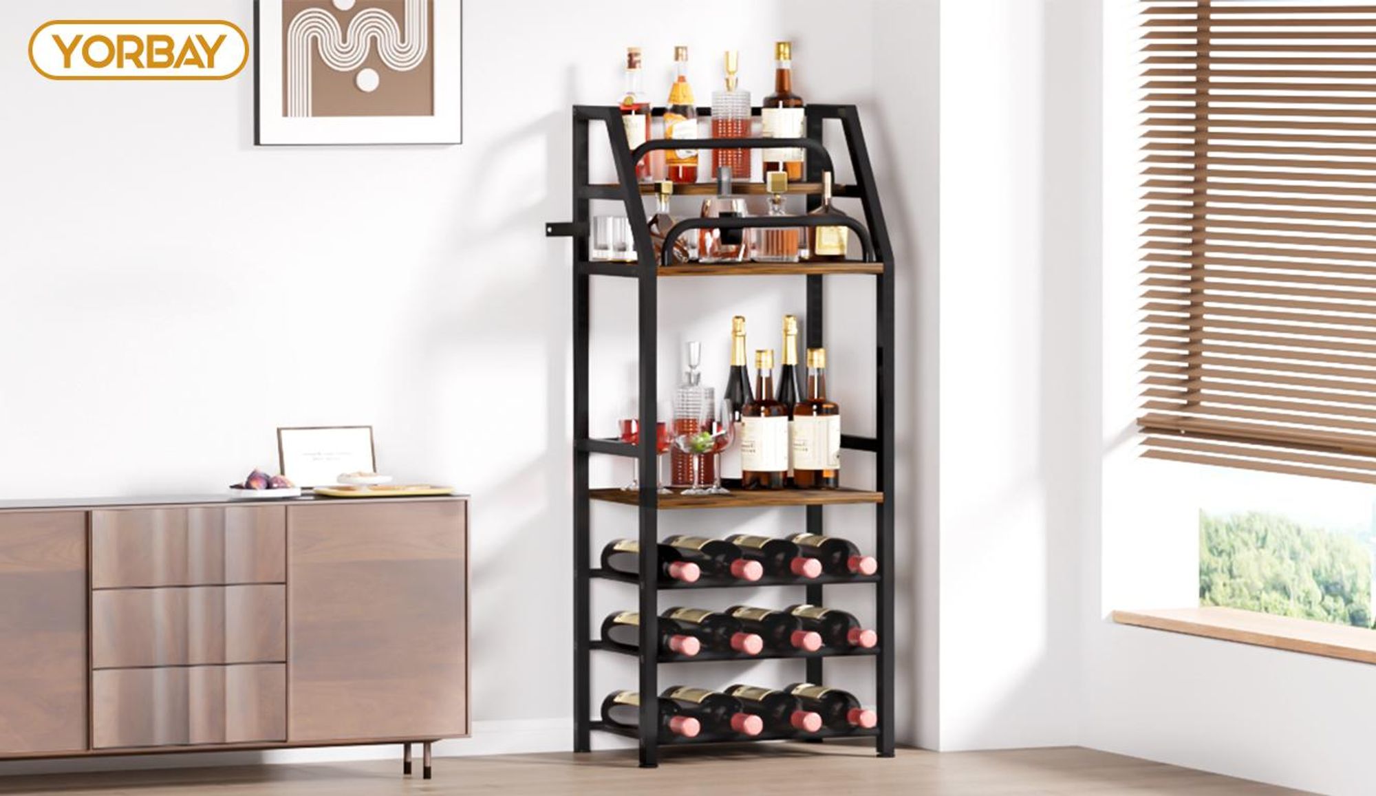 Yorbay Weinregal aus Holz &Metal,Weinregal Stehend mit Flaschenablage, 6-stufiges Barregal für Whisky und Spirituosen, zur Präsentation