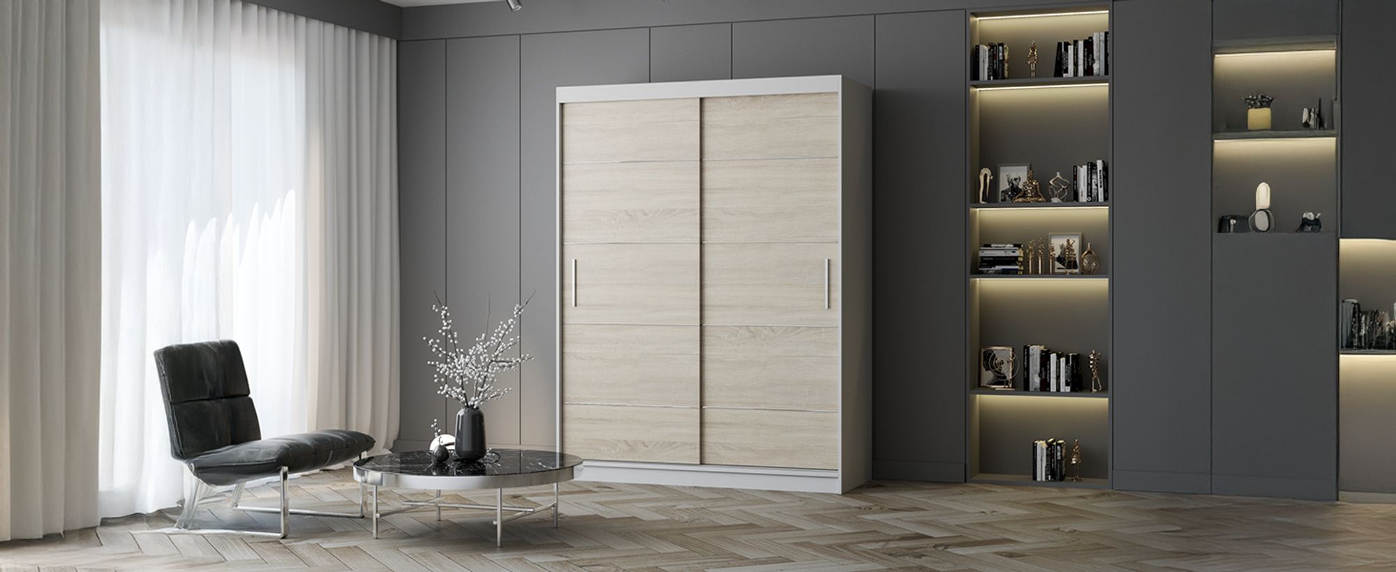 Schwebetürenschrank Kleiderschrank Schrank 150 cm Weiß/Sonoma mit Zierleisten Vista 06