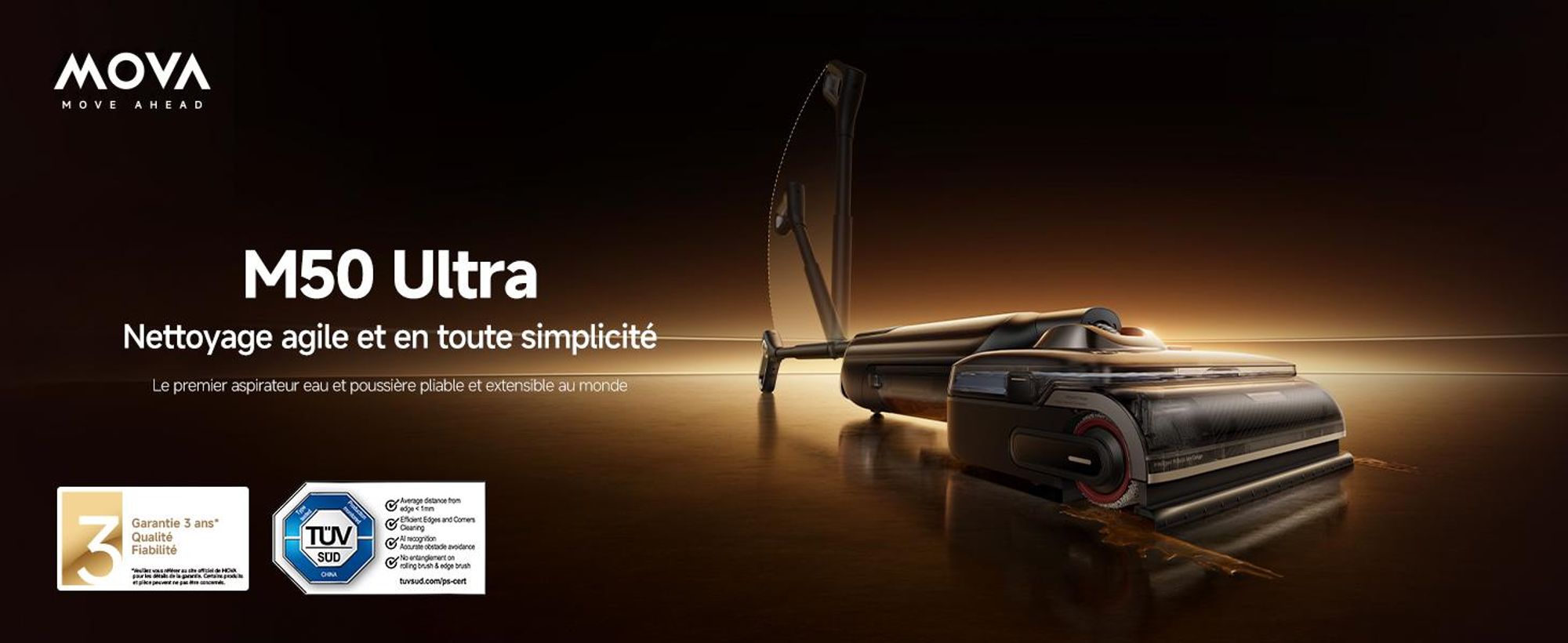 MOVA M50 Ultra Aspirateur eau et poussière, 22 000 Pa, EdgeCoverage™ IA, manche pliable, brosses 100 °C séchage rapide