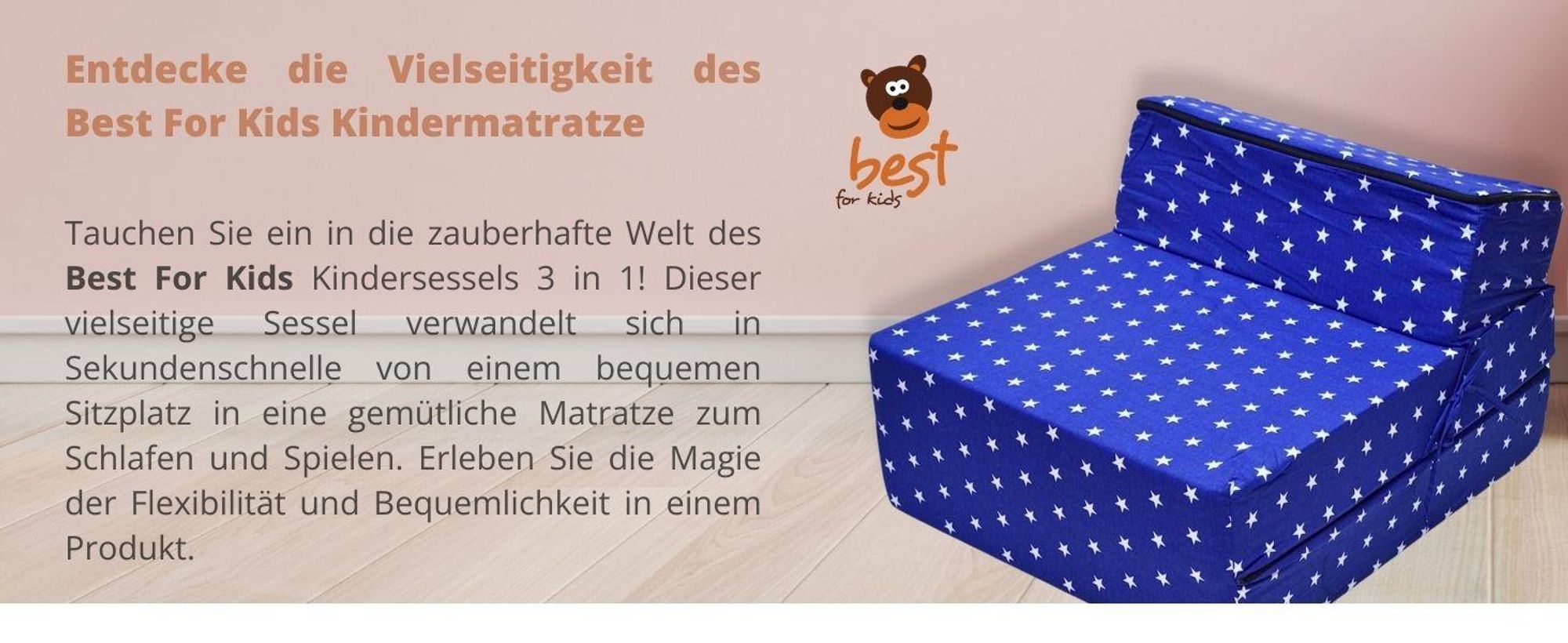 Best For Kids Kindersessel Hellblau Bettsessel Funktionssessel Jugend Kindermatratze zum schlafen und Spielen 3 in 1 60x160