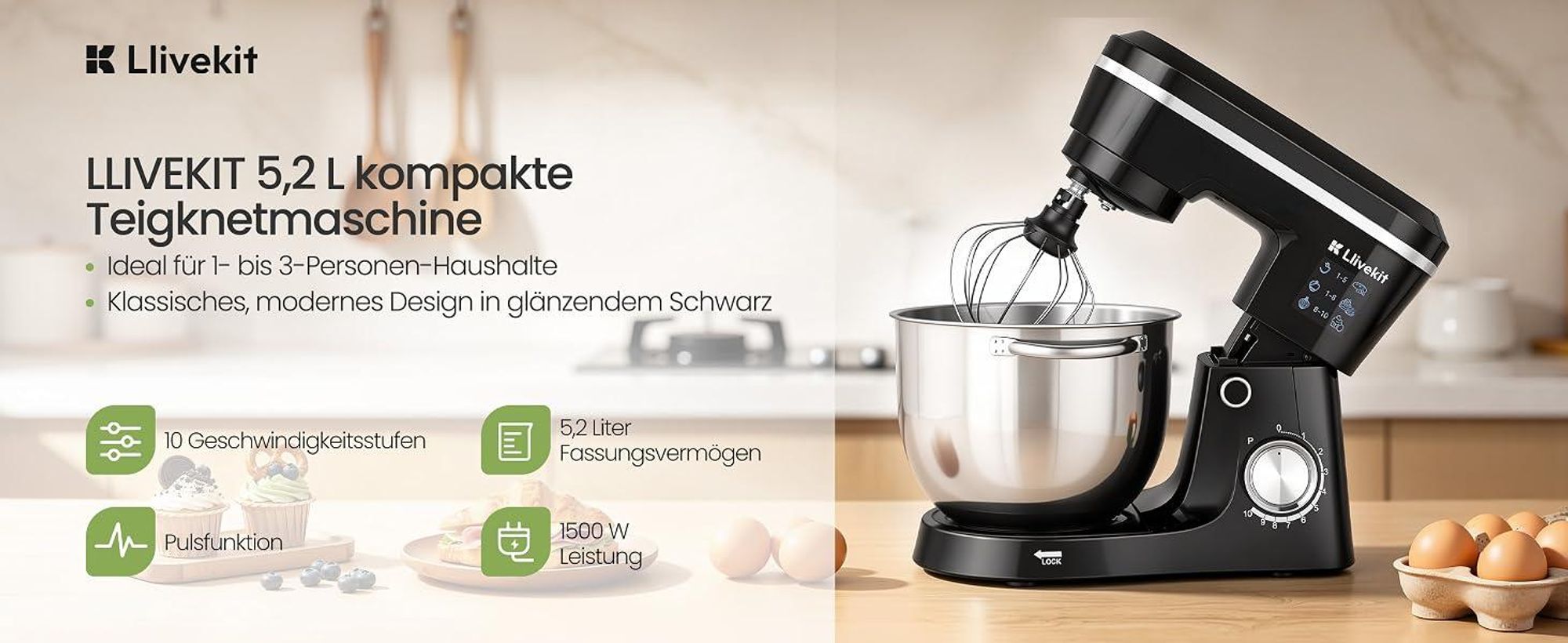LLIVEKIT 1500W Küchenmaschine, 5,2L Edelstahl-Rührschüssel, Multifunktional Haushalts-Backgerät