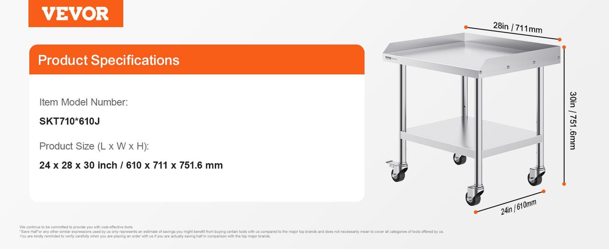 VEVOR Edelstahl Vorbereitungs Tisch, 24 x 24 x 34 Zoll, Schwerlast Metall Arbeitstisch mit 3 verstellbaren Höhenstufen, Gewerbliche Arbeitsstation für Küche Garage Restaurant Garten, 610x711x762 mm