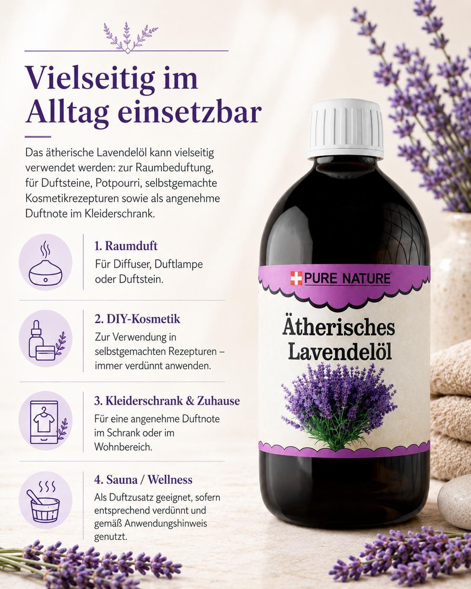 Ätherisches Lavendelöl von Pure Nature mit Flasche, Lavendel und Anwendungsideen für den Alltag.