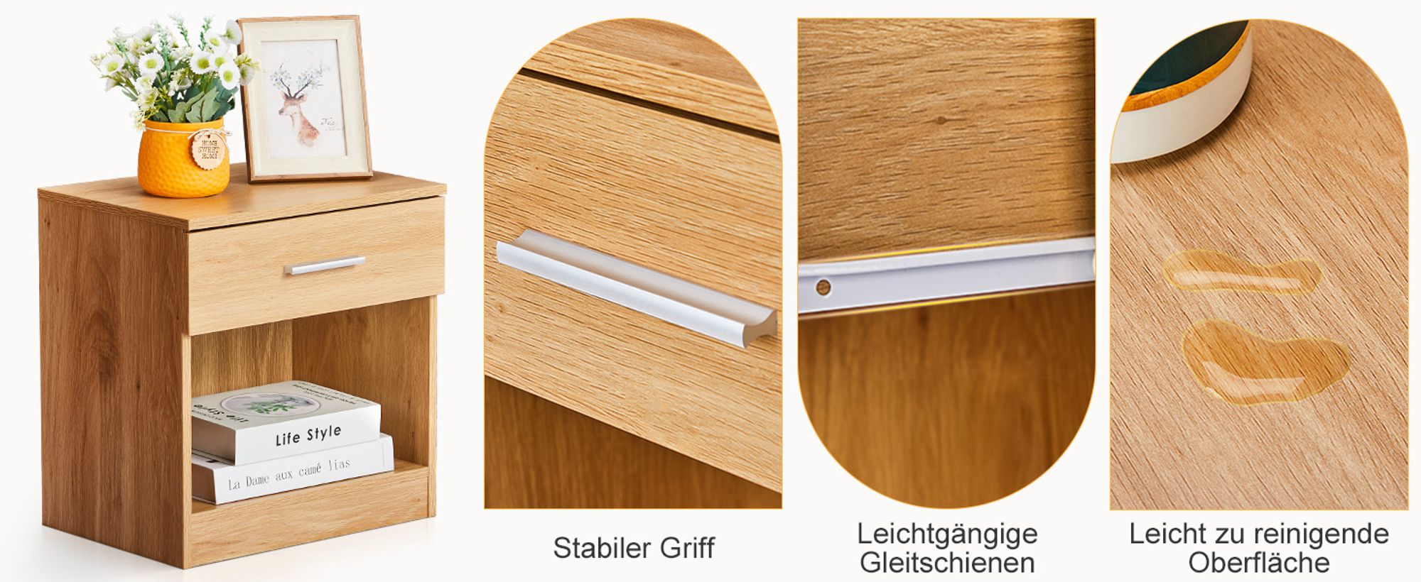 FCH Nachttisch, mit Schubladen Beistelltisch Nachtschrank, 39 x 28 x 41 cm，Eiche, 1PC