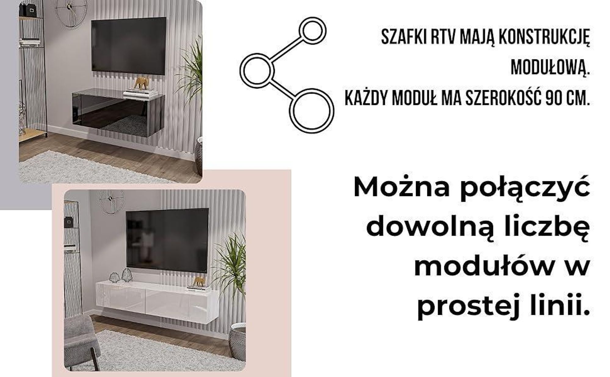 Szafka RTV Czarna Wysoki Połysk - 90 x 40 x 35 cm - Szafka Wisząca pod Telewizor - Półka RTV - Lowboard - Meble Do Salonu - Push-to-Open-System