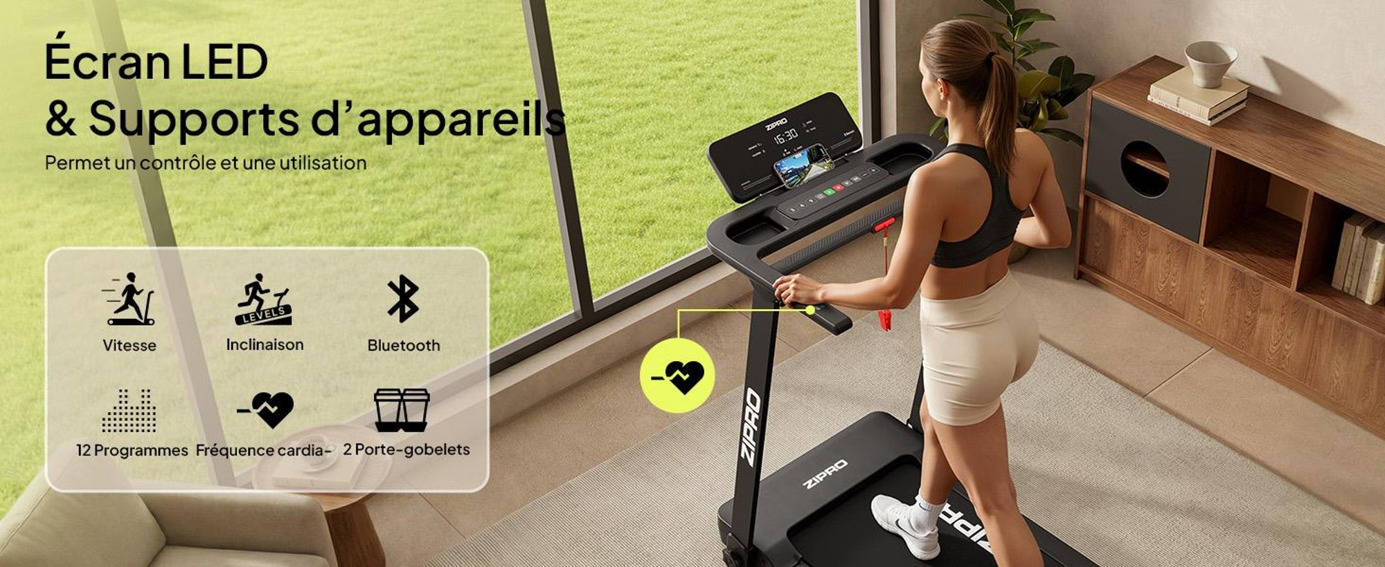 Tapis de course électrique ZIPRO Forma | Pliable sous le lit | 1-12 km/h | Bande 120x40 cm | Amortissement Reel Feel | Zwift Kinomap | jusqu'à 120 kg